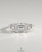 East-West Emerald Cut Moissanite Baguette Engagement Ring in 925 Silver