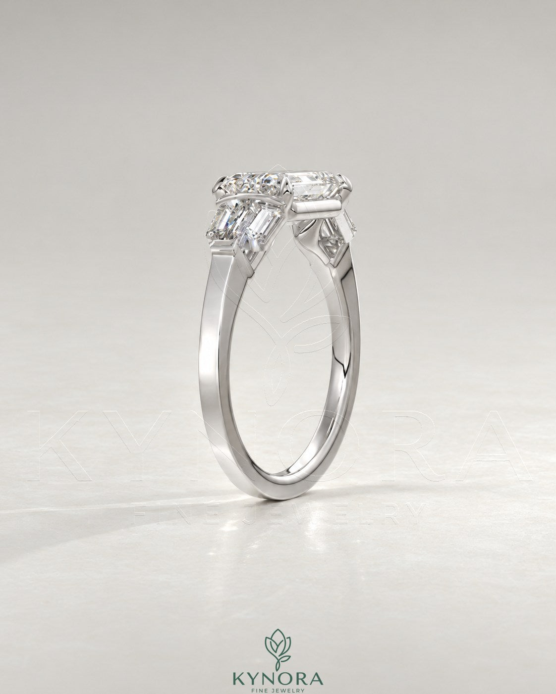 East-West Emerald Cut Moissanite Baguette Engagement Ring in 925 Silver