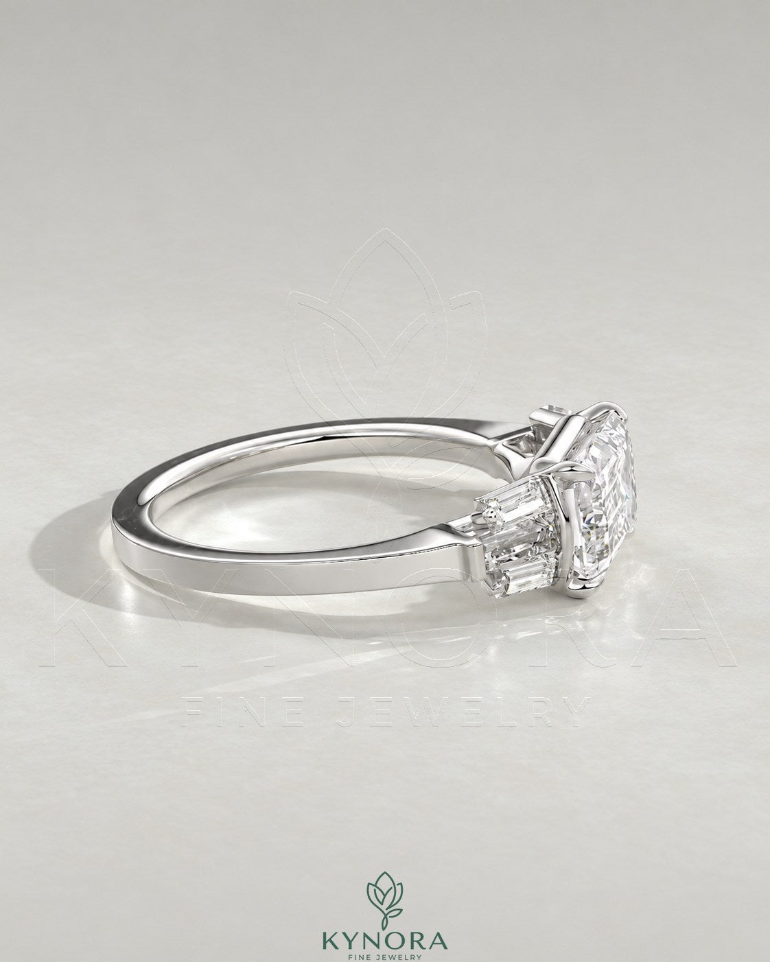 East-West Emerald Cut Moissanite Baguette Engagement Ring in 925 Silver