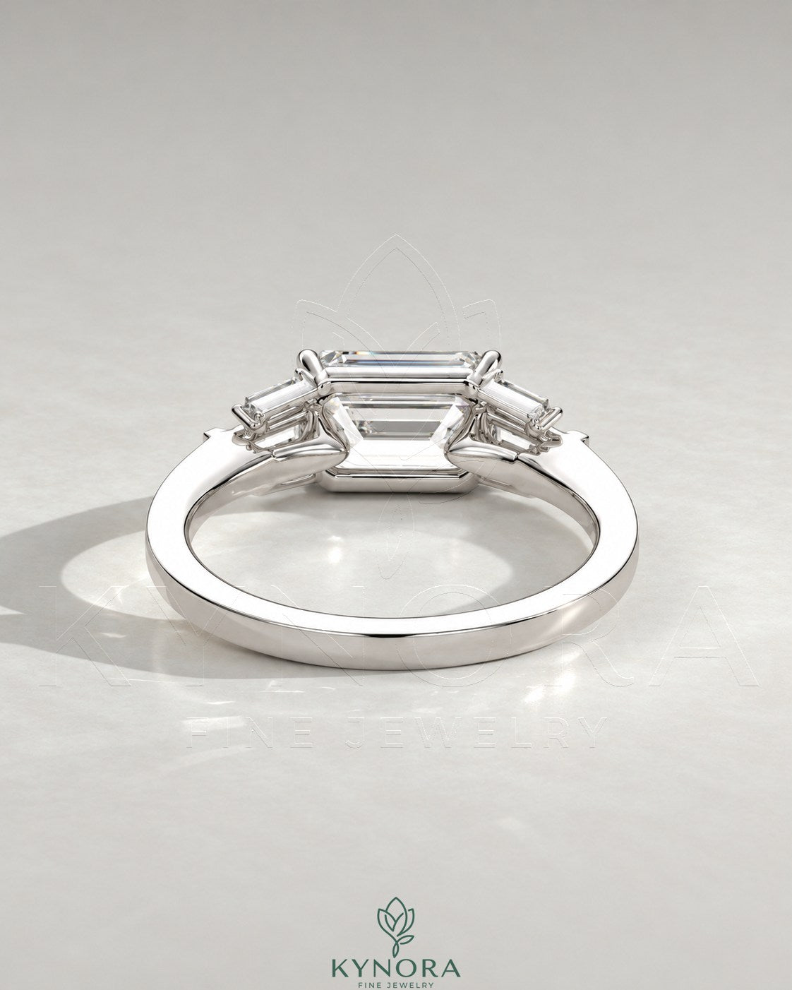East-West Emerald Cut Moissanite Baguette Engagement Ring in 925 Silver