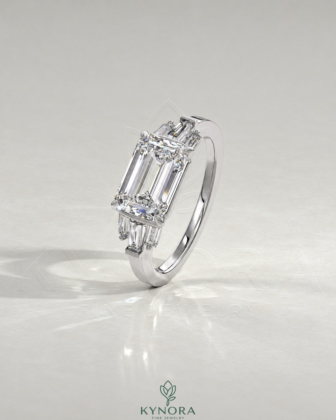 East-West Emerald Cut Moissanite Baguette Engagement Ring in 925 Silver