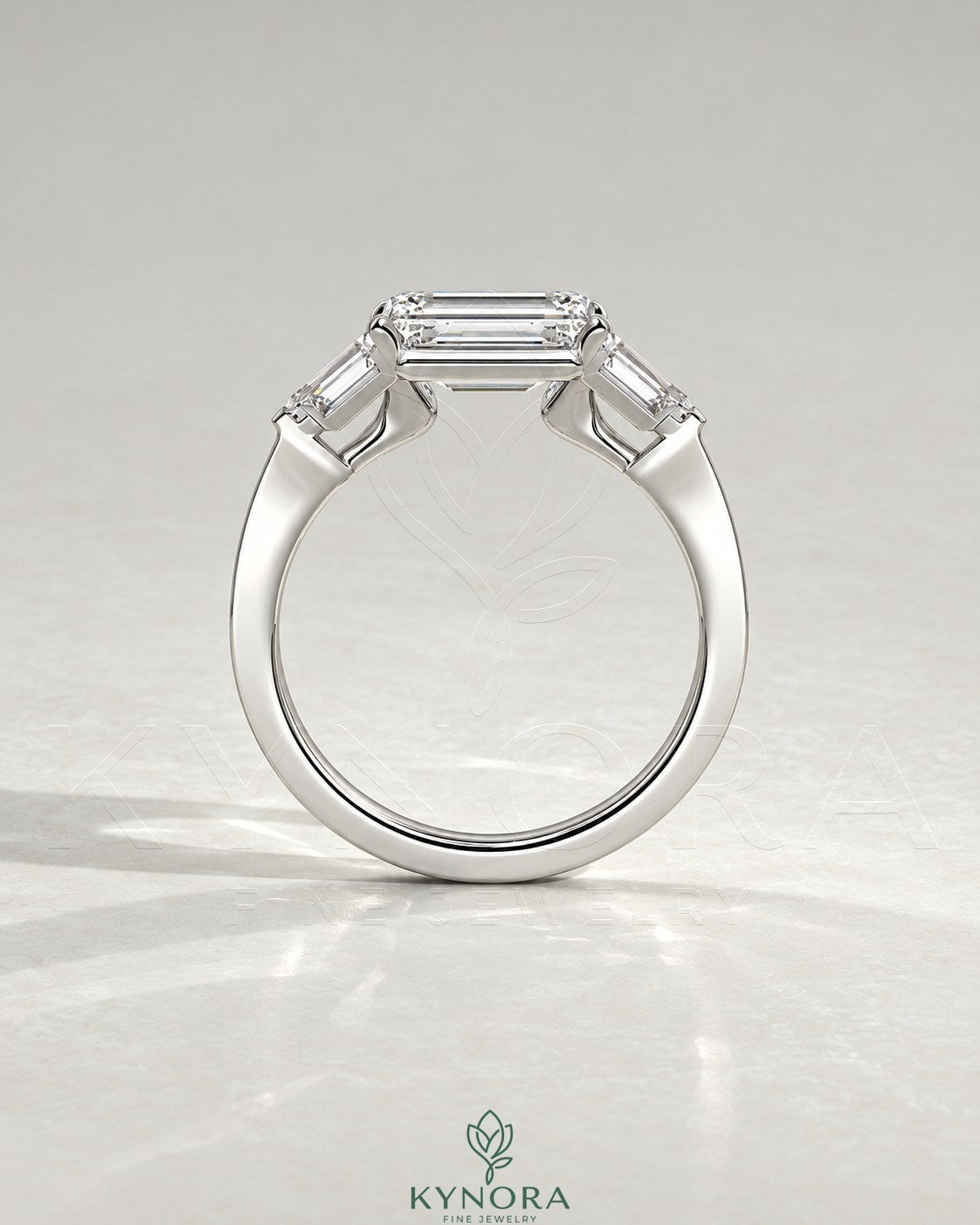 East-West Emerald Cut Moissanite Baguette Engagement Ring in 925 Silver