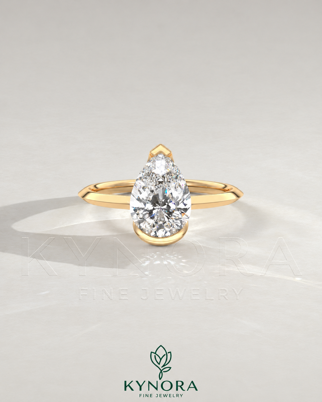 Pear cut moissanite half-bezel engagement ring in 925 silver with a sleek design on an ivory backdrop. Main image