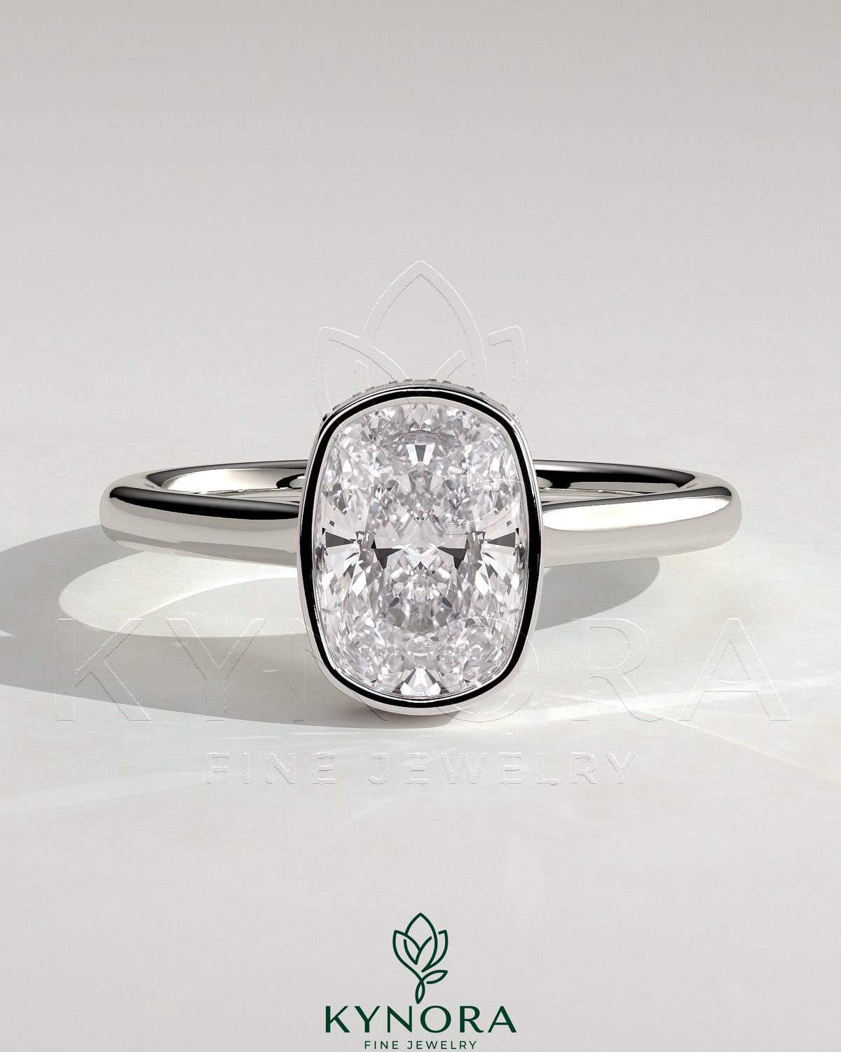 Kynora CJ 2ct elongated cushion bezel solitaire engagement ring with hidden halo and cathedral high setting showcasing intricate details Main image