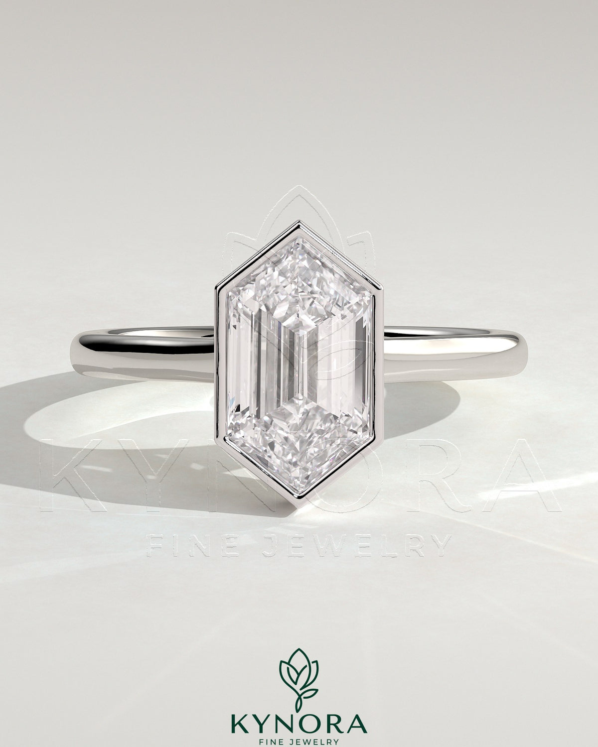 Kynora CJ 2ct elongated hexagon bezel solitaire engagement ring with hidden halo and cathedral high setting, showcasing intricate design.