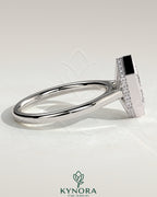 Kynora CJ 2ct elongated hexagon bezel solitaire engagement ring with hidden halo and cathedral high setting, featuring a sparkling diamond.