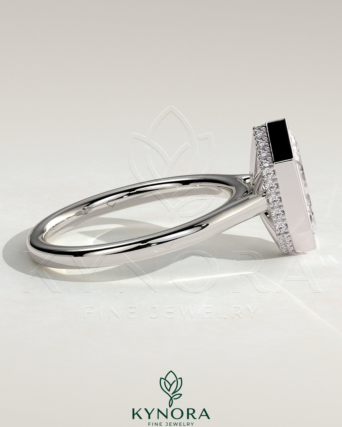 Kynora CJ 2ct elongated hexagon bezel solitaire engagement ring with hidden halo and cathedral high setting, featuring a sparkling diamond.