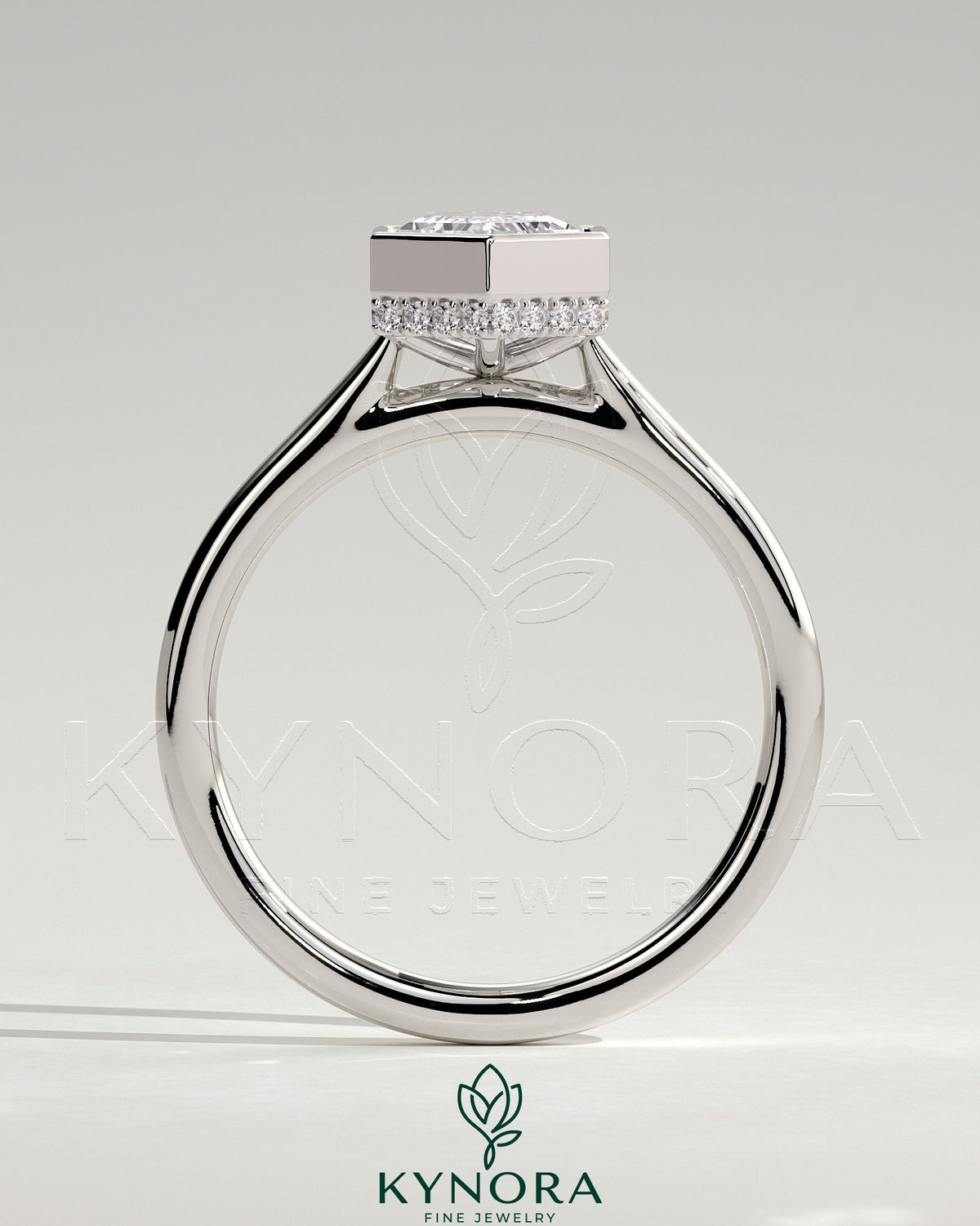 Kynora CJ 2ct elongated hexagon bezel solitaire engagement ring with hidden halo and cathedral high setting, showcasing intricate design.