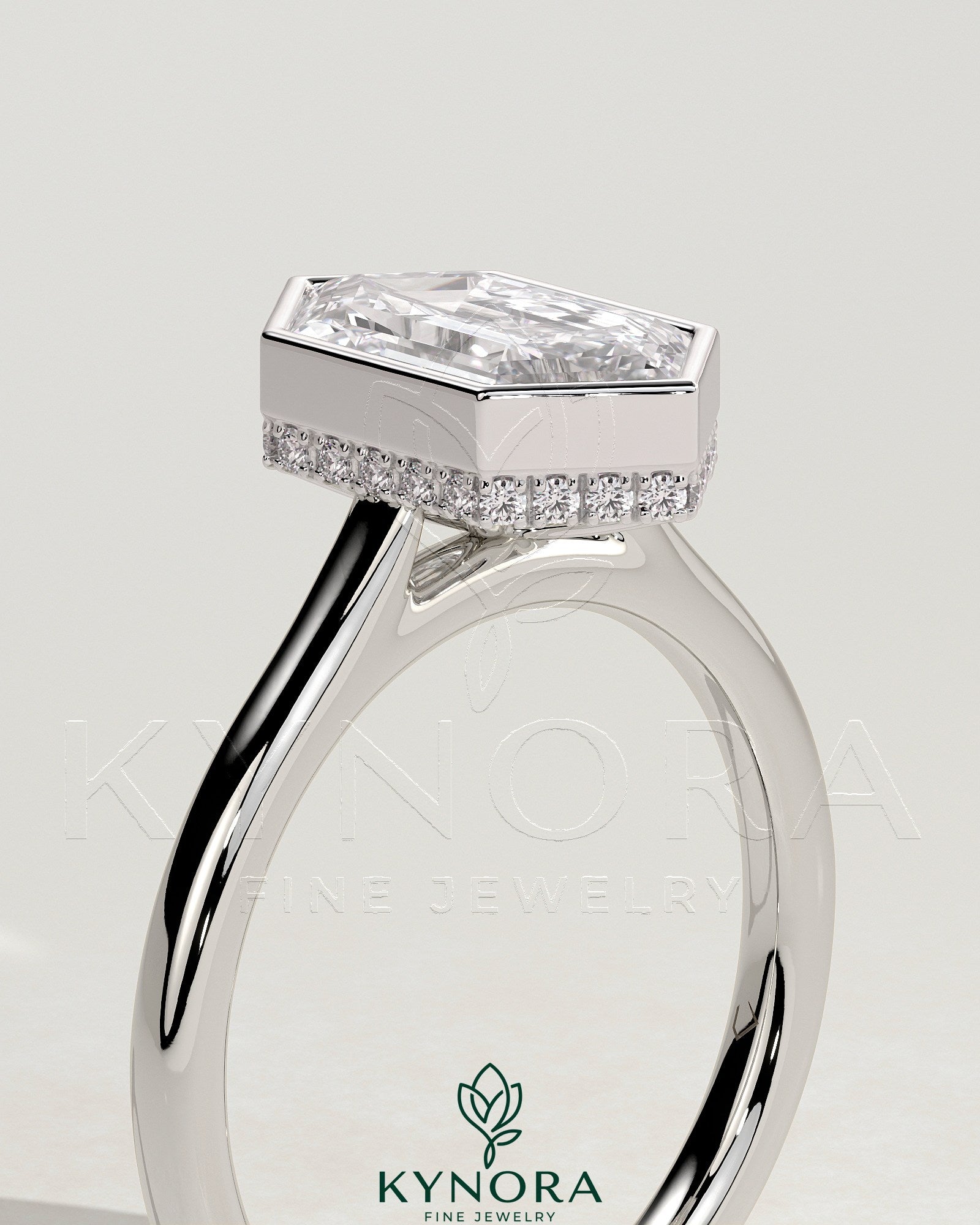2ct Elongated Hexagon Bezel Solitaire with Hidden Halo and Cathedral High Setting Engagement Ring Secondary image