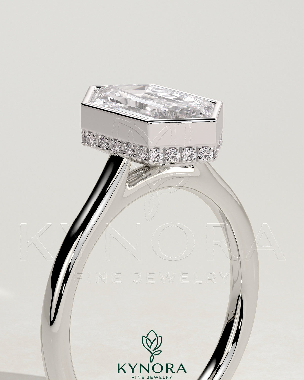 Kynora CJ 2ct elongated hexagon bezel solitaire engagement ring with hidden halo and cathedral high setting, showcasing intricate design.