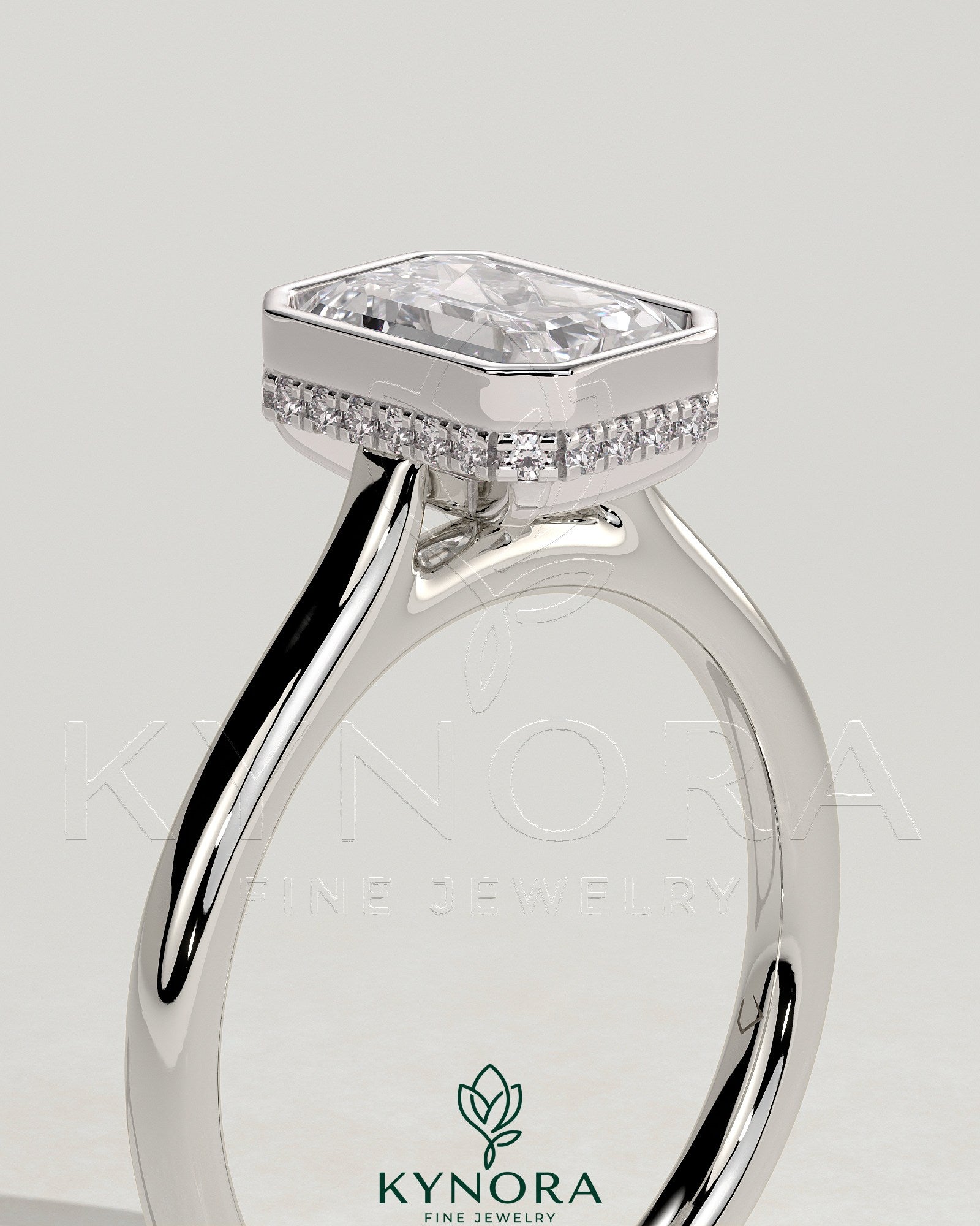 2ct Emerald Bezel Solitaire with Hidden Halo and Cathedral High Setting Engagement Ring Secondary image