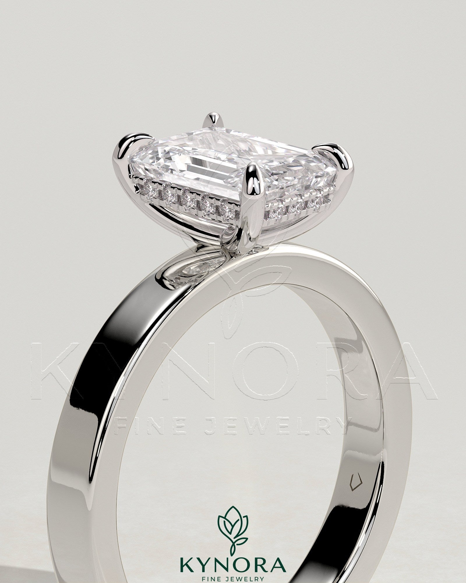 2ct Emerald Claw Solitaire with Flat Cigar Band and Hidden Halo Engagement Ring Secondary image