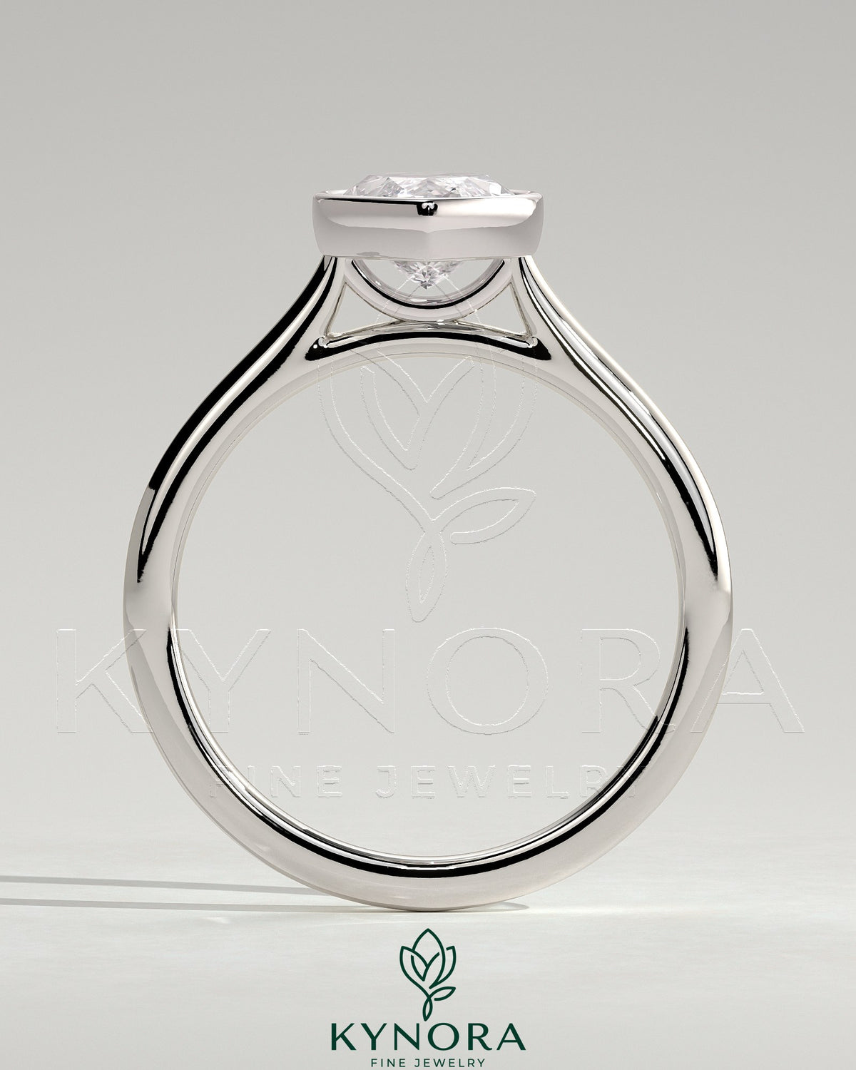 Kynora CJ 2ct marquise bezel solitaire engagement ring with cathedral high setting, featuring a sparkling marquise-cut diamond.