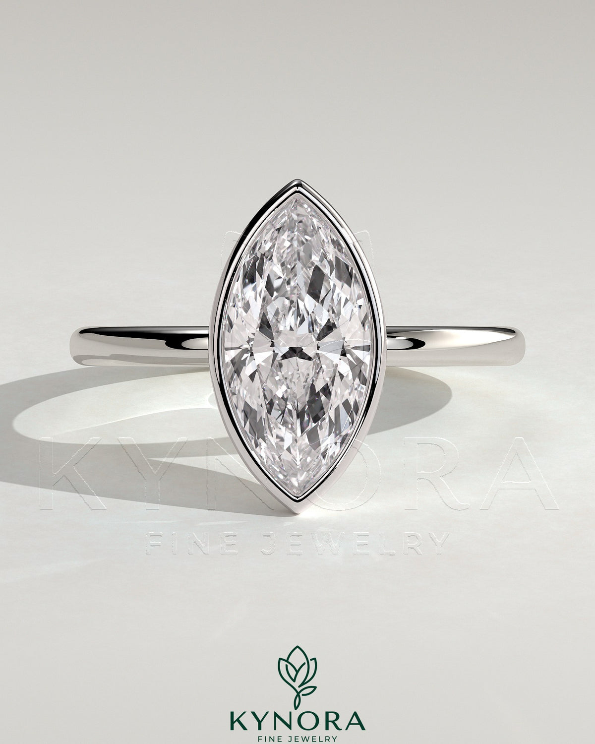 Kynora CJ 2ct marquise bezel solitaire engagement ring with petal gallery design showcasing a sparkling marquise-cut diamond. Main image
