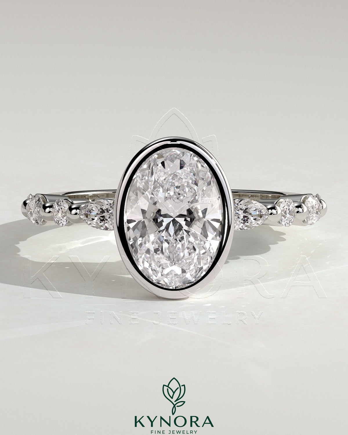 Kynora CJ 2ct oval bezel solitaire engagement ring with marquise and round accent stones, elegant gold band.