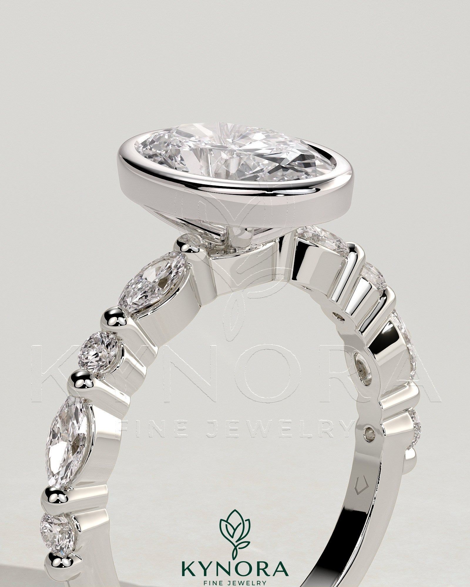 2ct Oval Bezel Solitaire with Marquise-Round Accent Stones Engagement Ring Secondary image