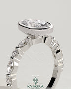 Kynora CJ 2ct oval bezel solitaire engagement ring with marquise and round accent stones in a sleek bezel setting.