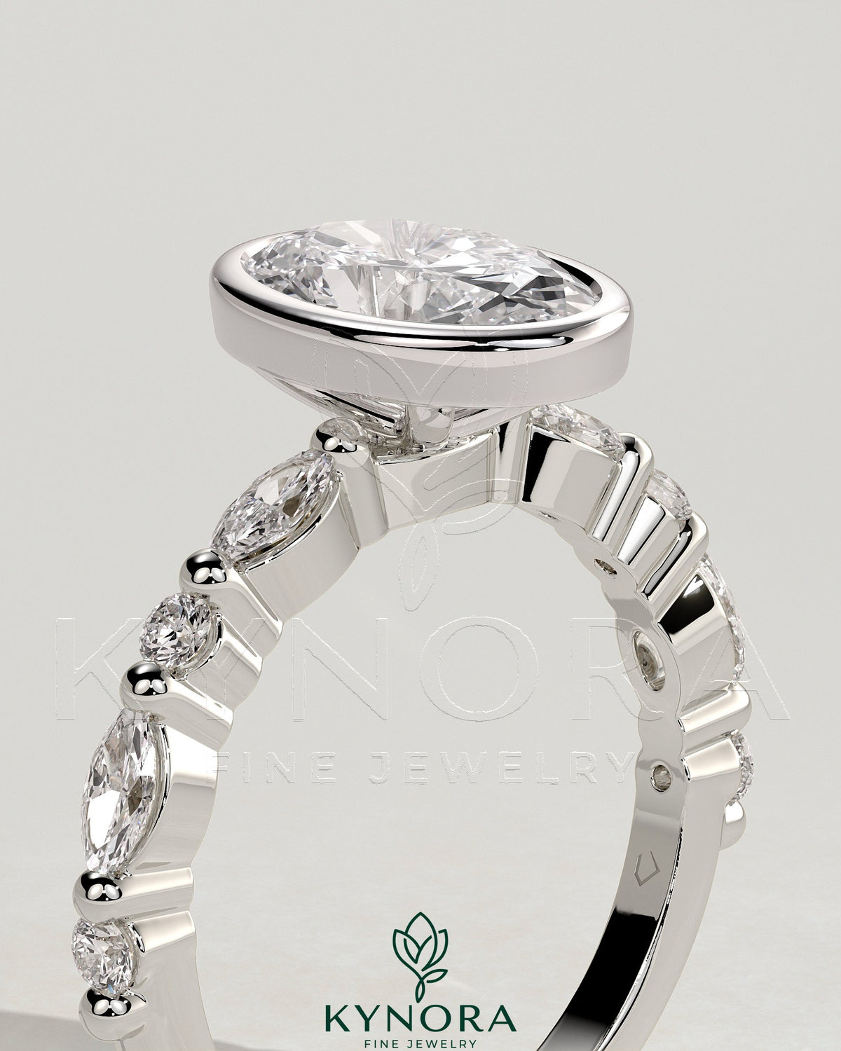 Kynora CJ 2ct oval bezel solitaire engagement ring with marquise and round accent stones in a sleek bezel setting.