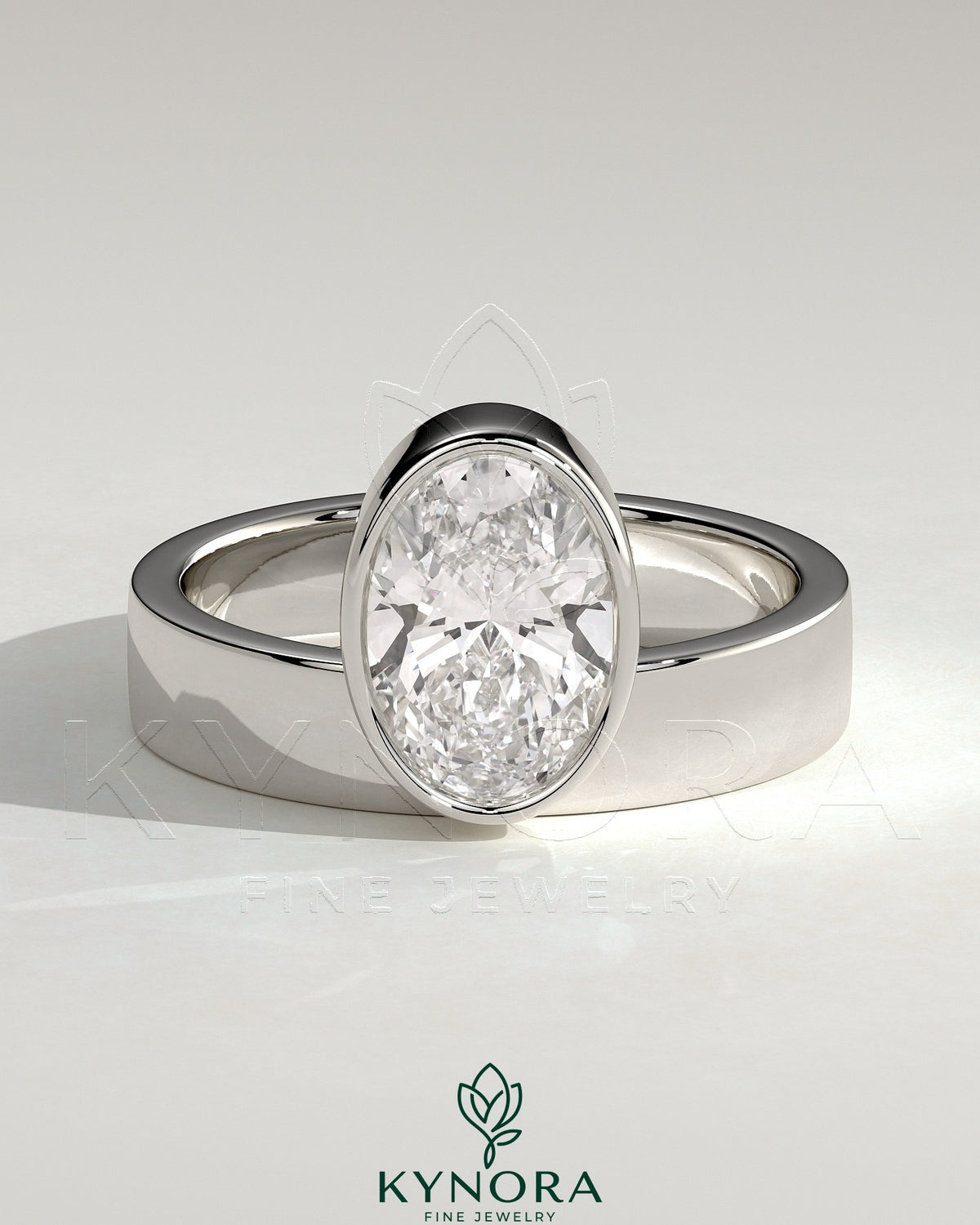 Kynora CJ 2ct oval bezel solitaire engagement ring with offset setting and flat cigar band, showcasing elegant jewelry design. Main image