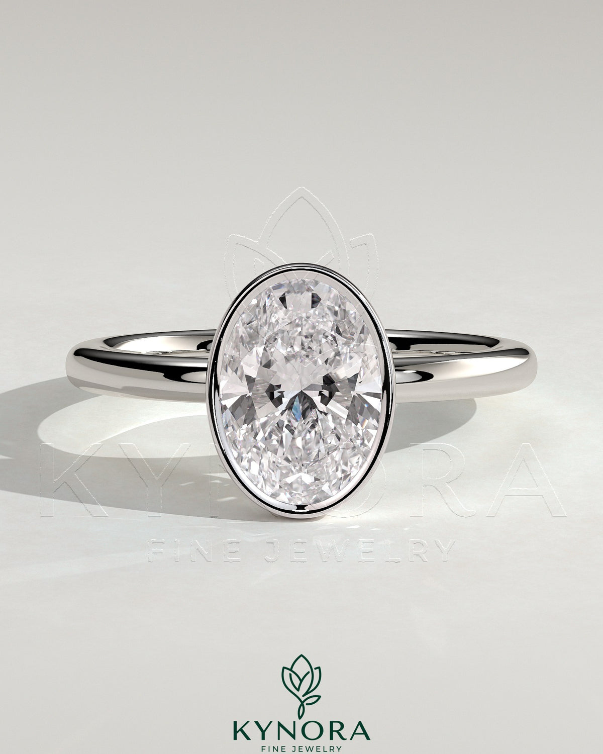 Kynora CJ 2ct oval bezel solitaire engagement ring with petal gallery design, showcasing a sparkling center stone and intricate band details.