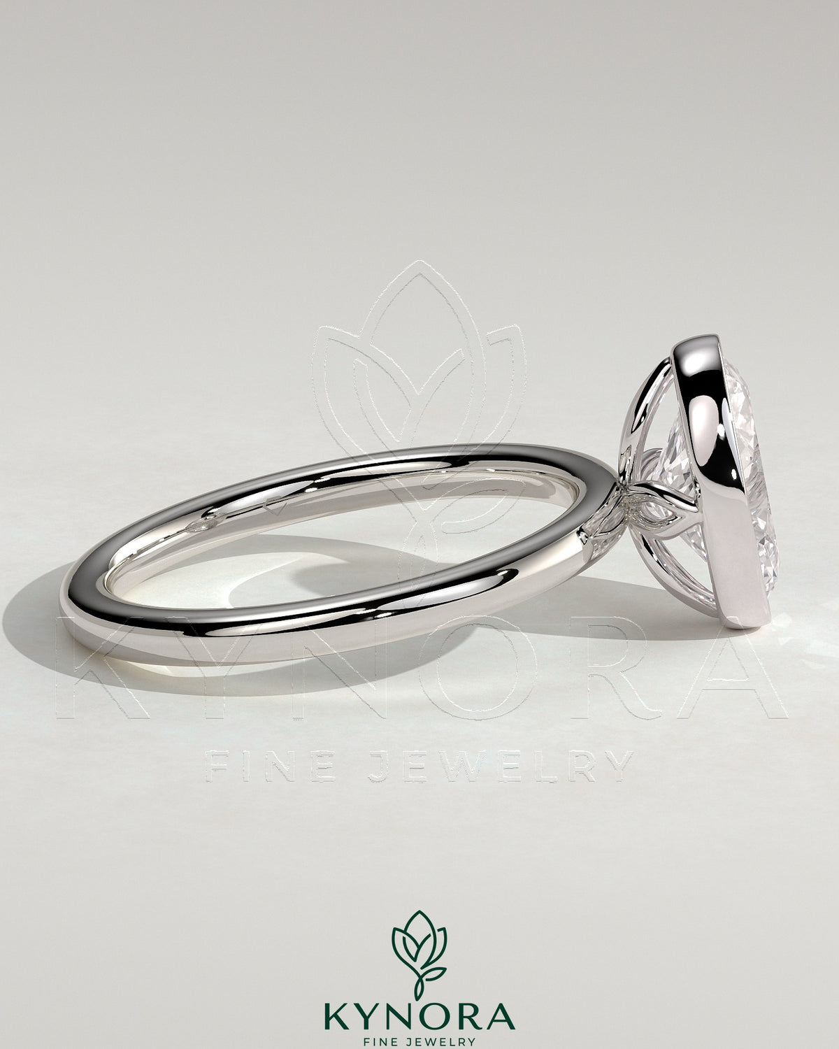 Kynora CJ 2ct oval bezel solitaire engagement ring with petal gallery design in a sleek bezel setting, showcasing elegant craftsmanship.
