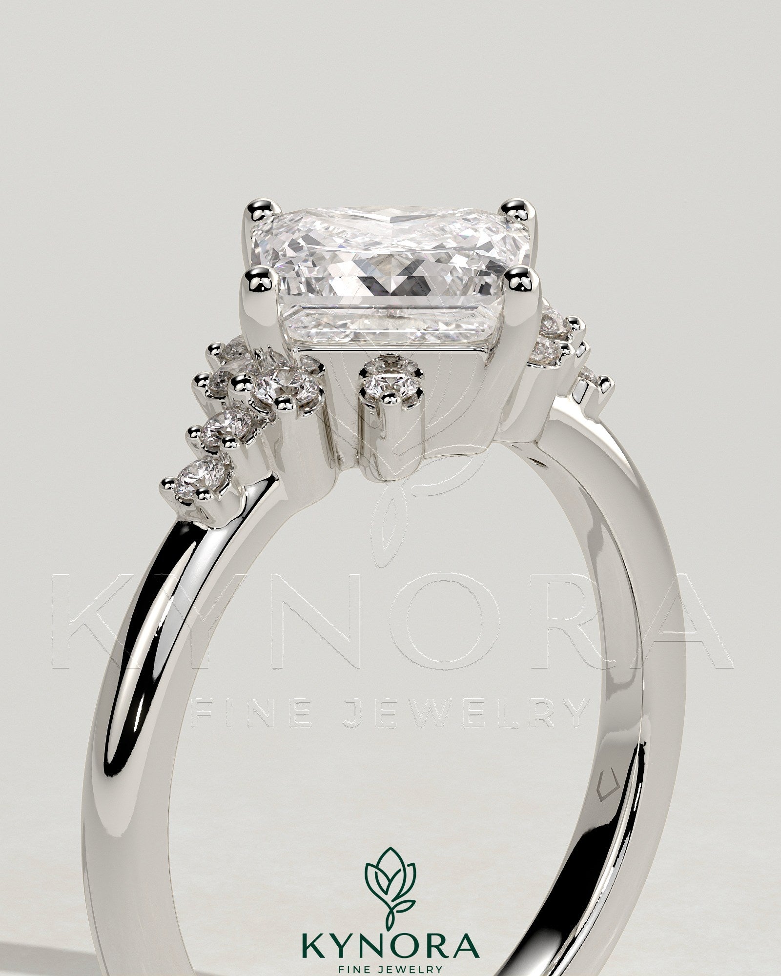 2ct Princess Claw Solitaire with Angled Setting and Clustered Round Shoulder Stones Engagement Ring Secondary image