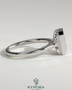 Kynora CJ 2ct radiant bezel solitaire engagement ring with hidden halo and cathedral high setting, showcasing sparkling diamond details.