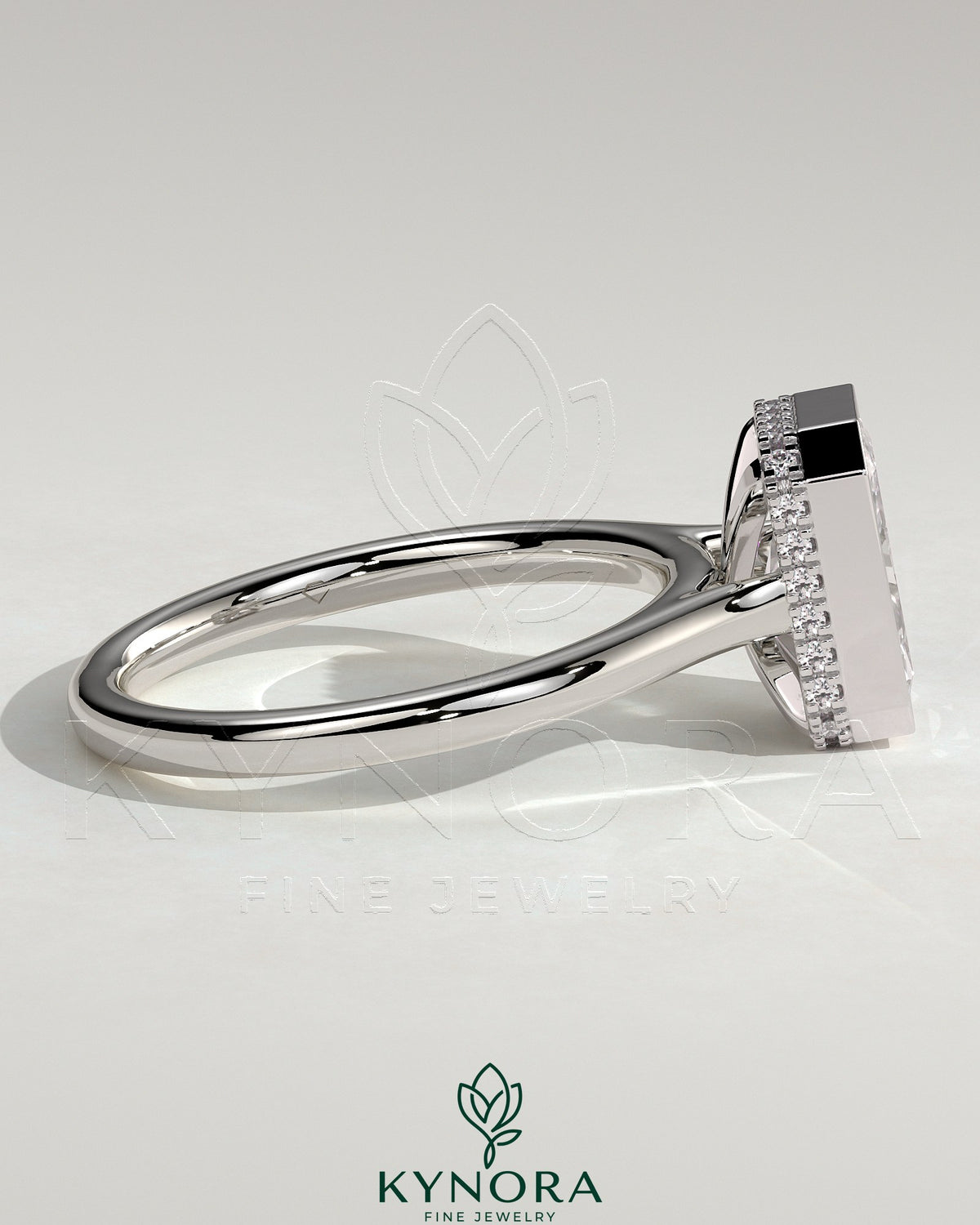 Kynora CJ 2ct radiant bezel solitaire engagement ring with hidden halo and cathedral high setting, showcasing sparkling diamond details.