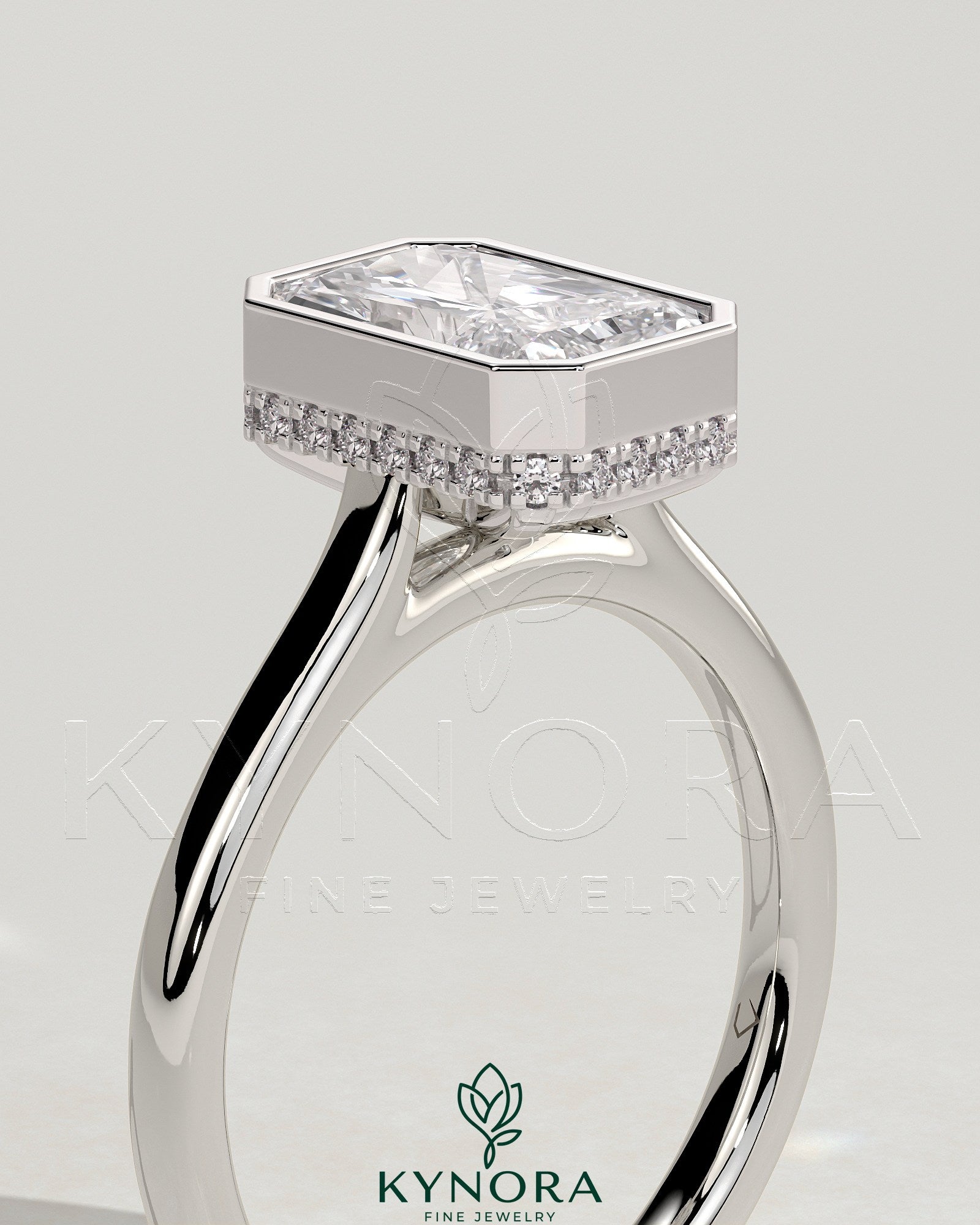 2ct Radiant Bezel Solitaire with Hidden Halo and Cathedral High Setting Engagement Ring Secondary image