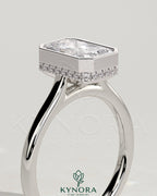 Kynora CJ 2ct radiant bezel solitaire engagement ring with hidden halo and cathedral high setting, featuring a sparkling center stone.