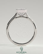 Kynora CJ 2ct radiant diamond bezel solitaire engagement ring with open cathedral high setting, showcasing elegant jewelry craftsmanship.