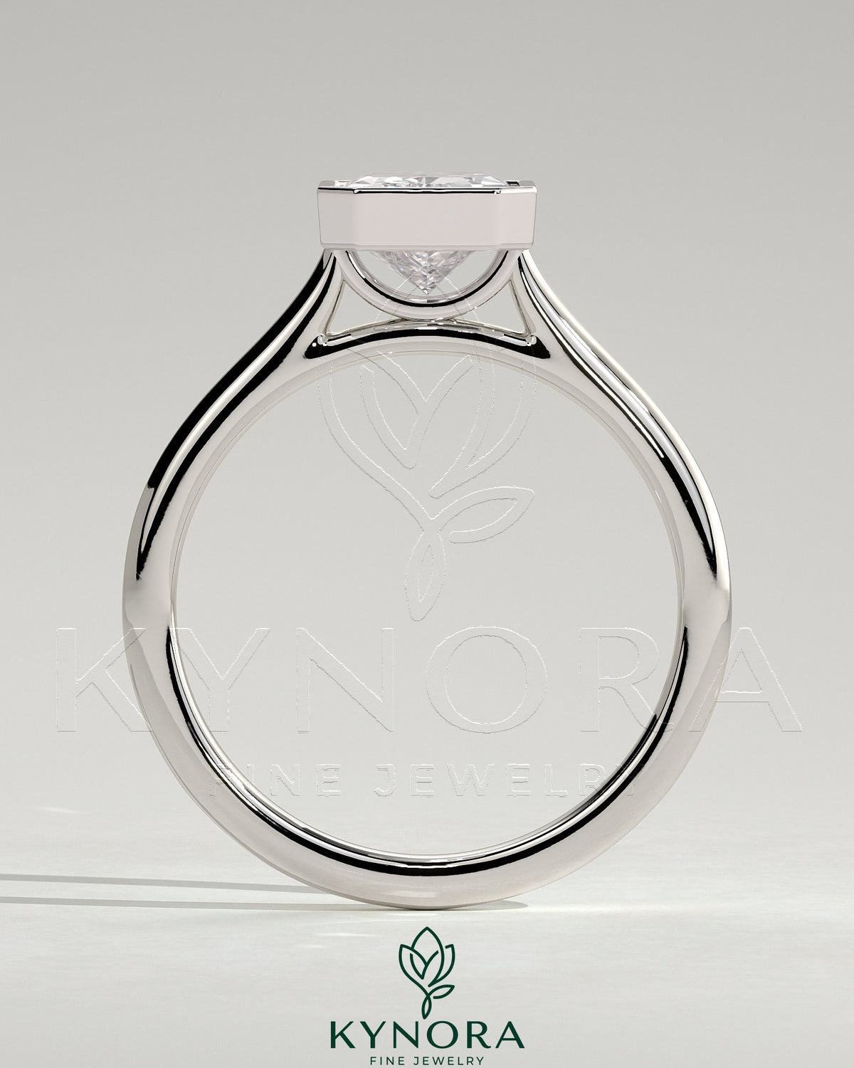 Kynora CJ 2ct radiant diamond bezel solitaire engagement ring with open cathedral high setting, showcasing elegant jewelry craftsmanship.
