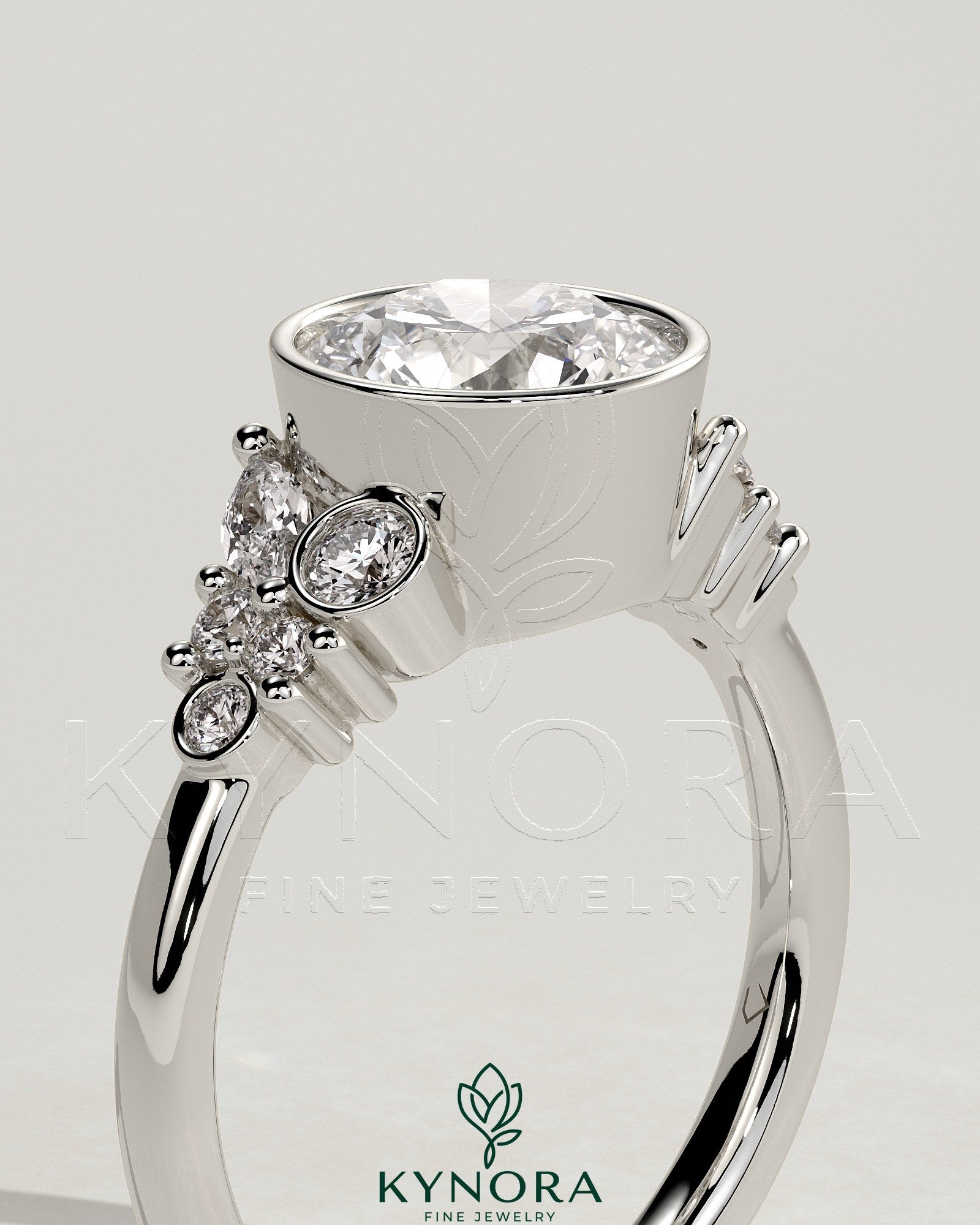 2ct Round Bezel Solitaire with Clustered Round-Marquise Mixed Set Shoulder Stones Engagement Ring Secondary image