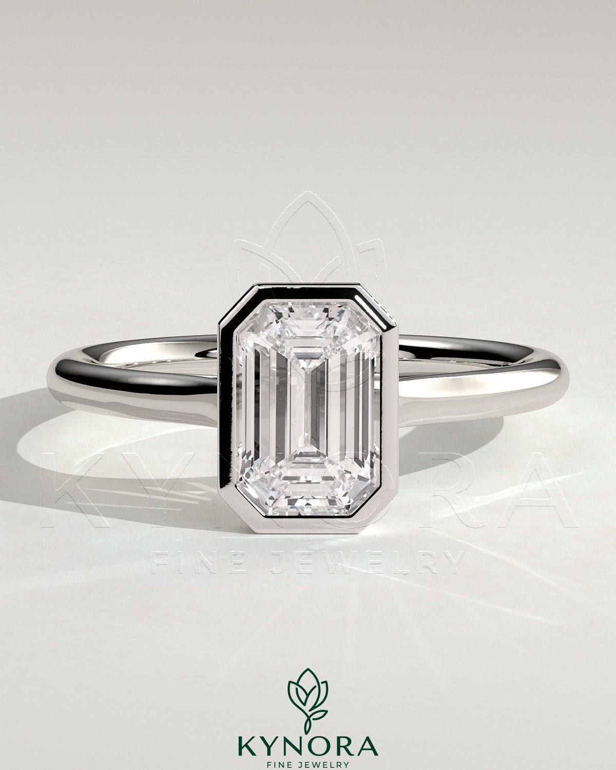 Kynora CJ statement 2ct emerald bezel solitaire engagement ring with open cathedral high setting, showcasing elegant design.