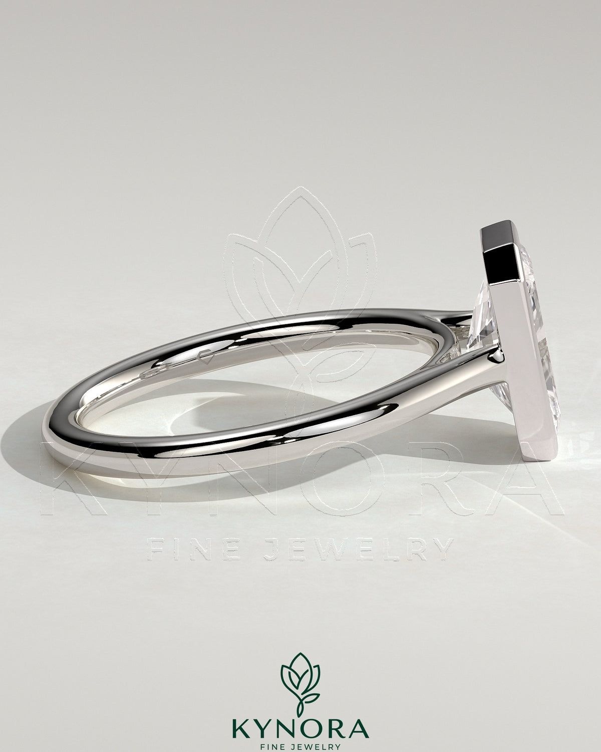 Kynora CJ statement 2ct radiant bezel solitaire engagement ring with open cathedral high setting, showcasing a sparkling center stone