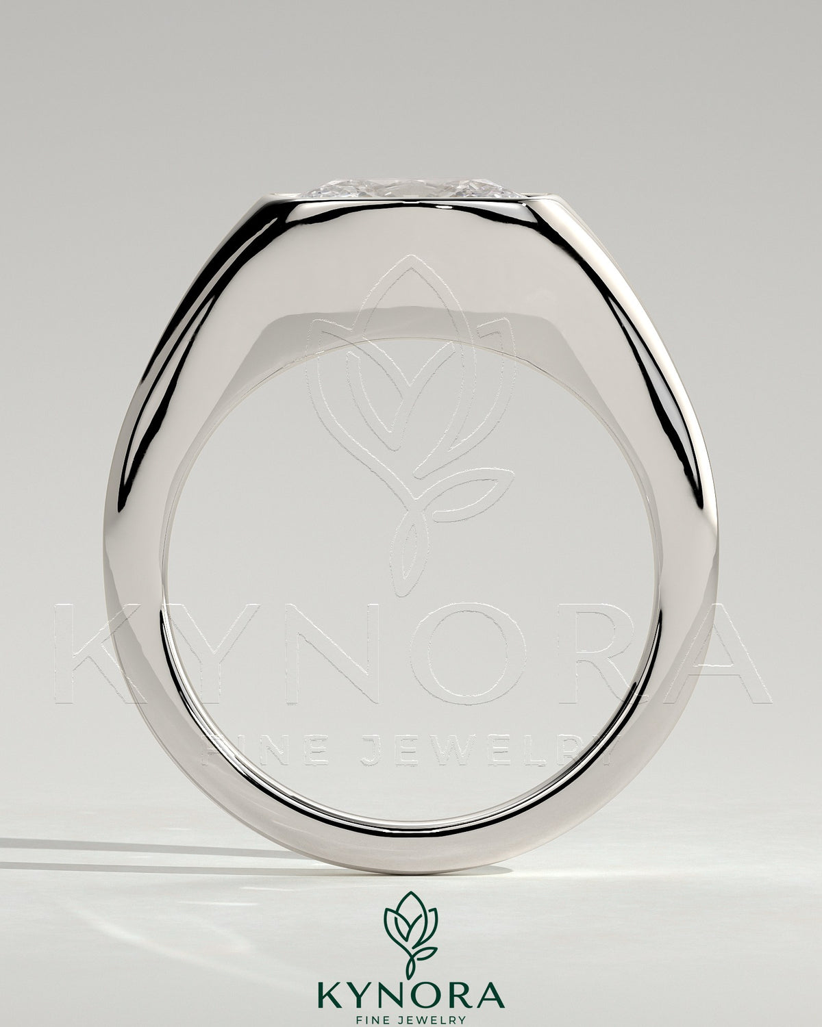 Kynora CJ 2ct elongated east-west bezel solitaire engagement ring with signet band showcasing a central diamond and sleek design.