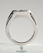 Kynora CJ 2ct oval East-West bezel solitaire engagement ring with signet band, showcasing a sparkling central diamond and elegant design.