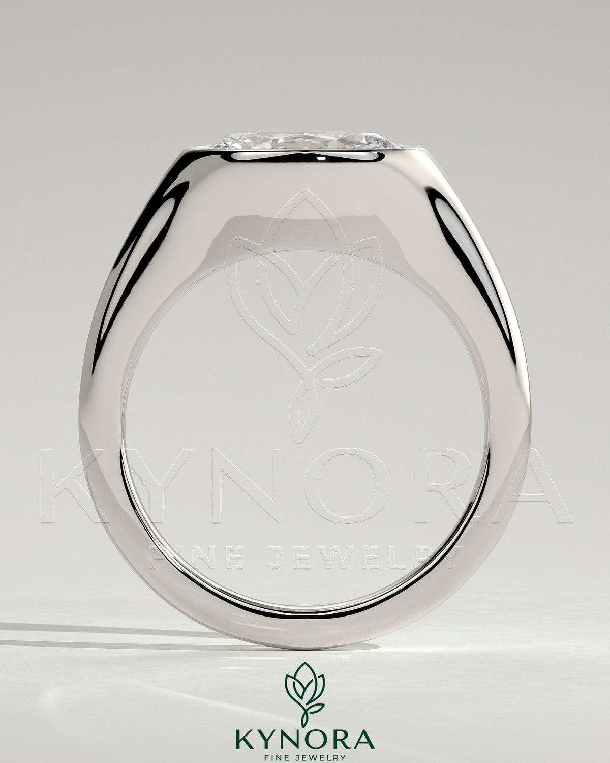 Kynora CJ 2ct oval East-West bezel solitaire engagement ring with signet band, showcasing a sparkling central diamond and elegant design.