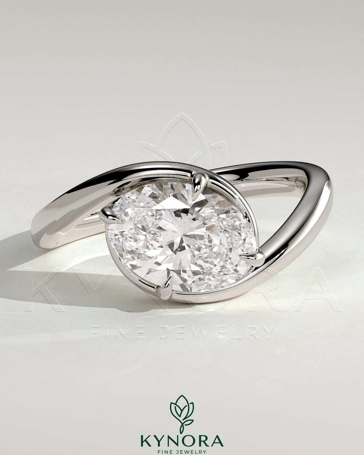 Kynora CJ 2ct oval East-West claw solitaire engagement ring with bypass band, showcasing a sparkling oval diamond and elegant design. Main image