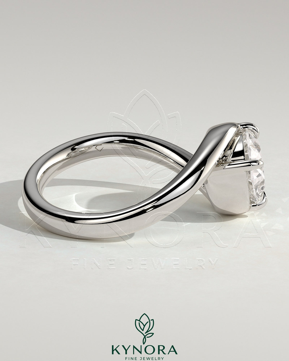 Kynora CJ 2ct oval east-west claw solitaire engagement ring with bypass band, showcasing a sparkling central diamond and elegant design.