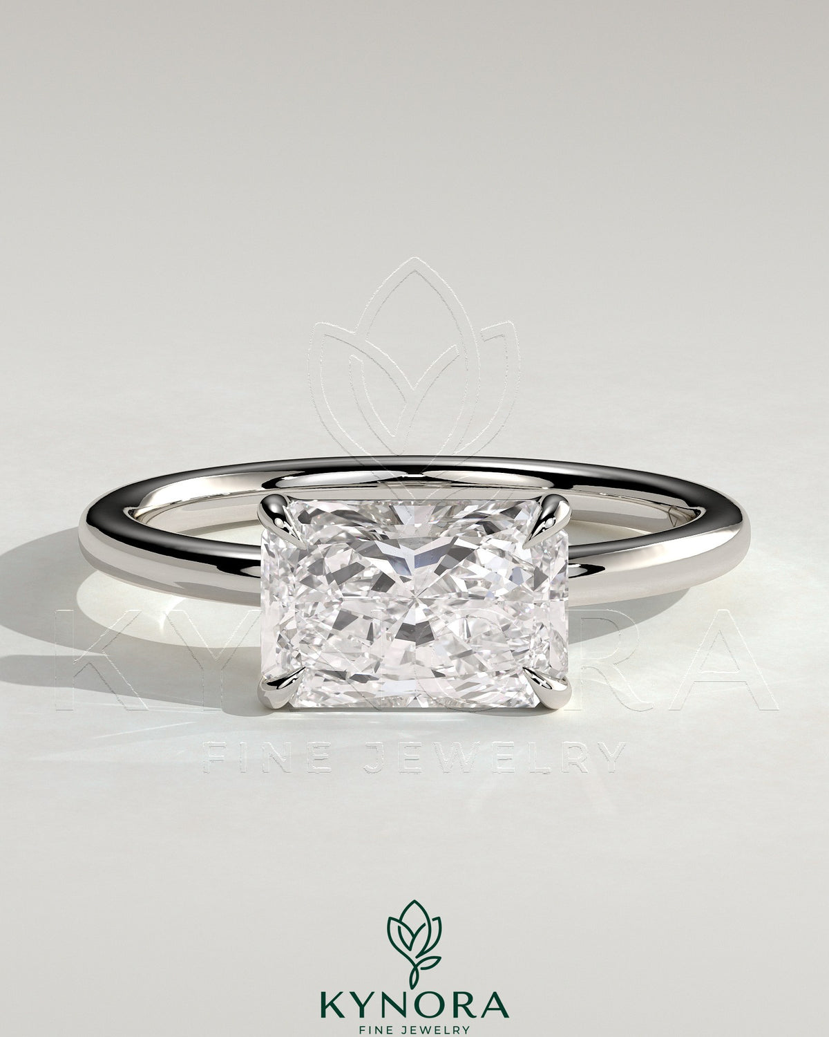 Kynora CJ 2ct radiant east-west claw solitaire engagement ring with raised basket gallery in elegant jewelry setting Main image