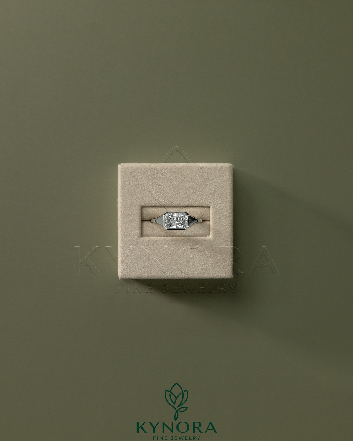 Kynora CJ Radiant East-West Bezel Solitaire Engagement Ring with Signet Band showcasing a sparkling central gemstone and elegant design