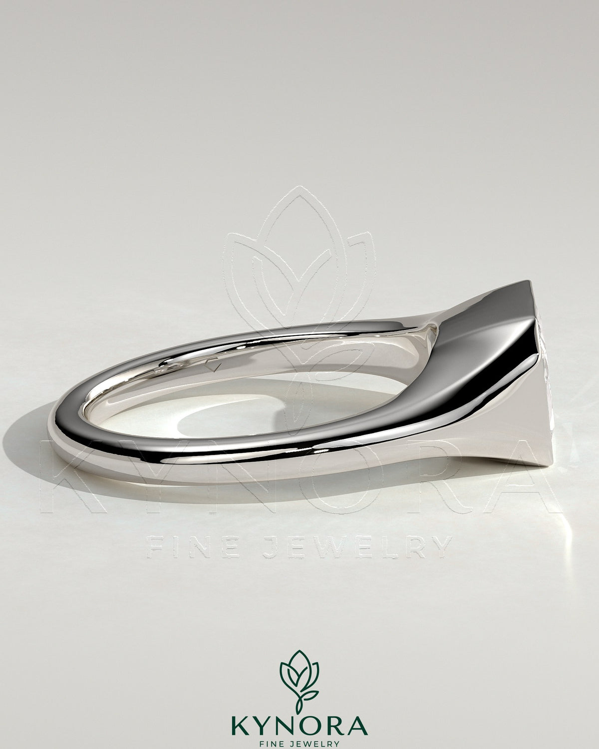 Kynora CJ Radiant East-West Bezel Solitaire Engagement Ring with Signet Band, showcasing a radiant-cut diamond set horizontally.