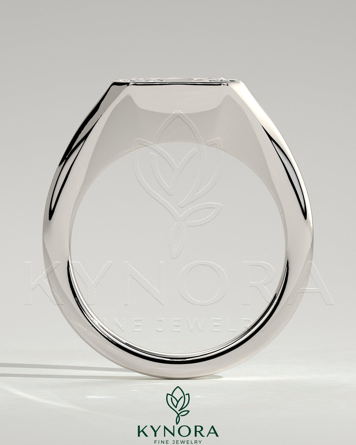 Kynora CJ Radiant East-West Bezel Solitaire Engagement Ring with Signet Band, showcasing a radiant cut gemstone in a sleek design