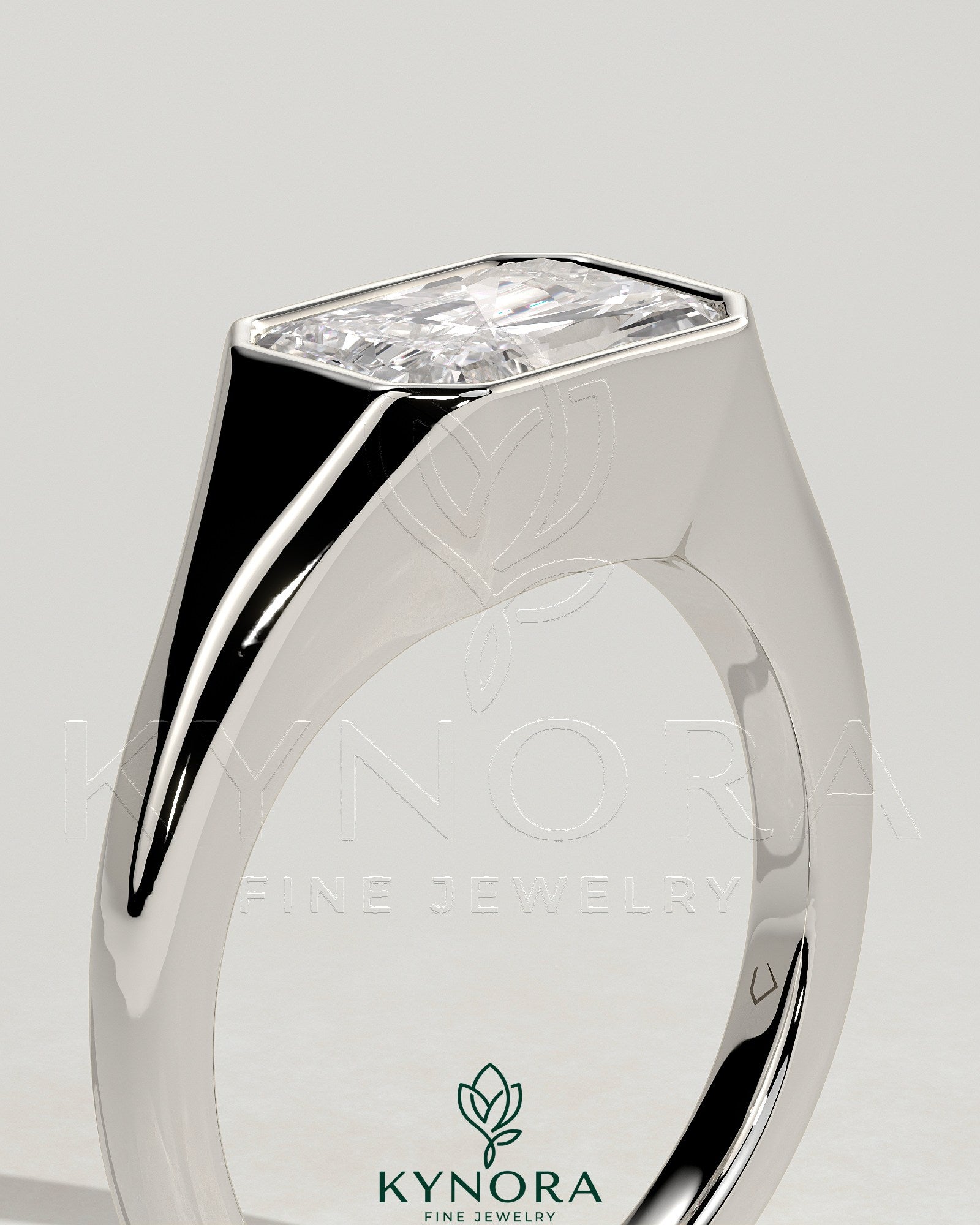 Radiant East West Bezel Solitaire with Signet Band Engagement Ring Imagen secundaria del producto