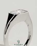 Kynora CJ East-West bezel solitaire engagement ring with signet band, showcasing a central gemstone set horizontally.