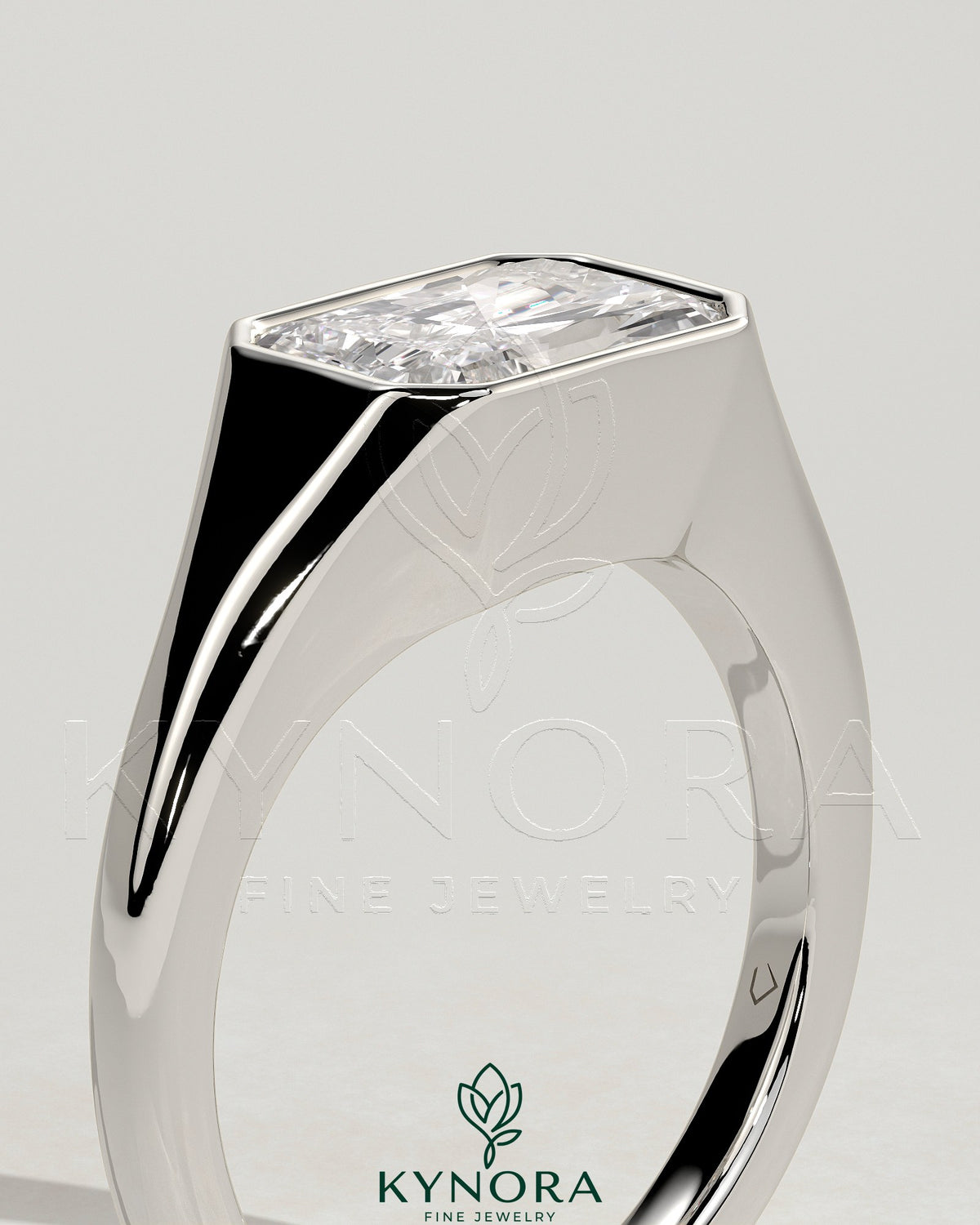 Kynora CJ East-West bezel solitaire engagement ring with signet band, showcasing a central gemstone set horizontally.