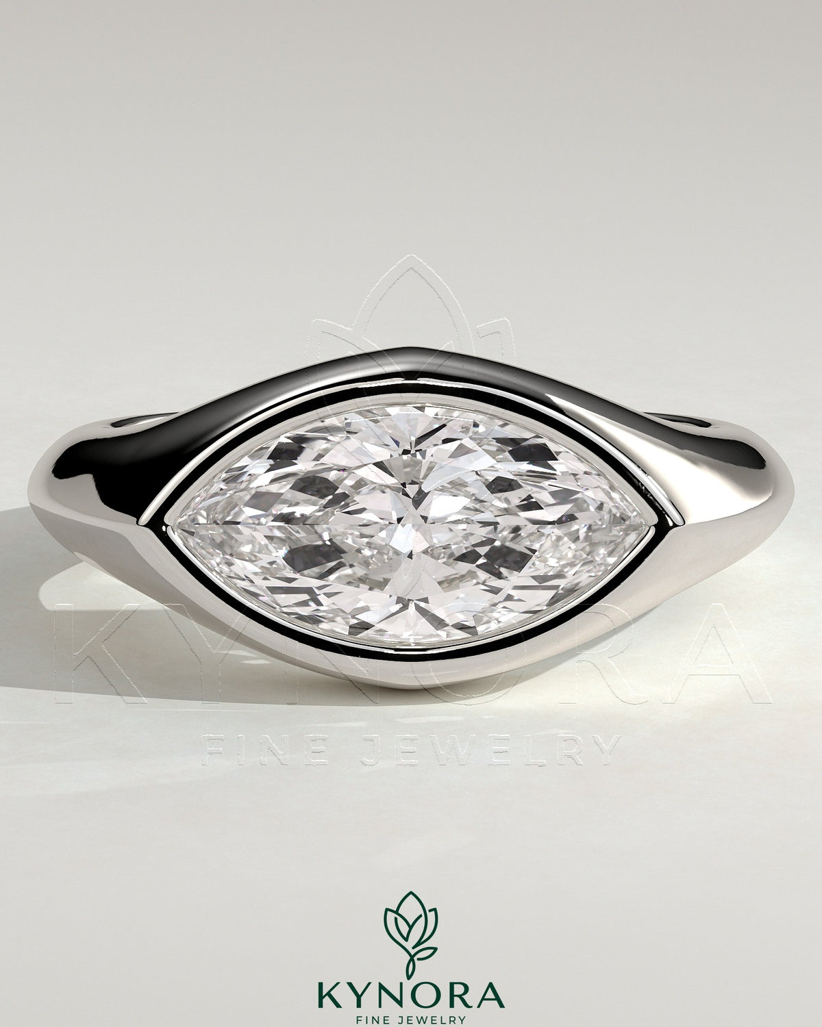 Kynora CJ statement 2ct marquise east-west bezel solitaire engagement ring with signet band showcasing sparkling diamond and elegant design.