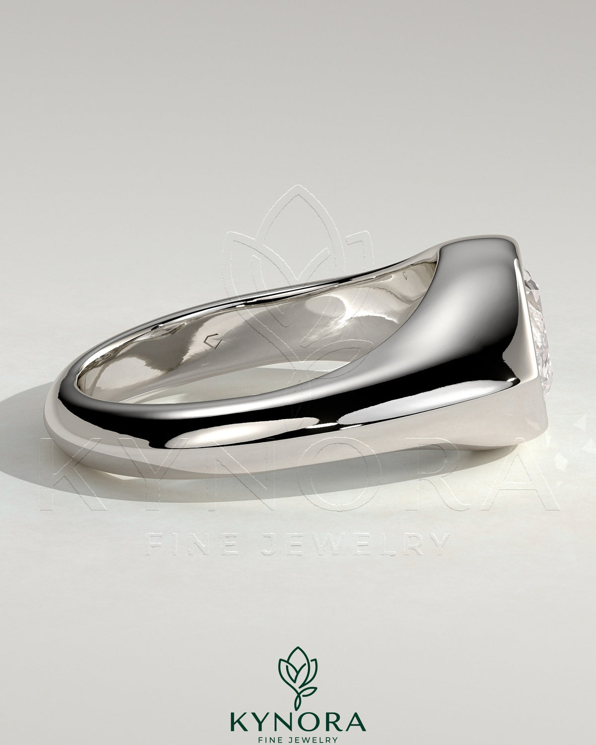 Kynora CJ statement 2ct marquise east-west bezel solitaire engagement ring with signet band, showcasing a sparkling diamond and elegant design.