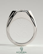 Kynora CJ statement 2ct oval east-west bezel solitaire engagement ring with signet band, showcasing a sparkling central gemstone.